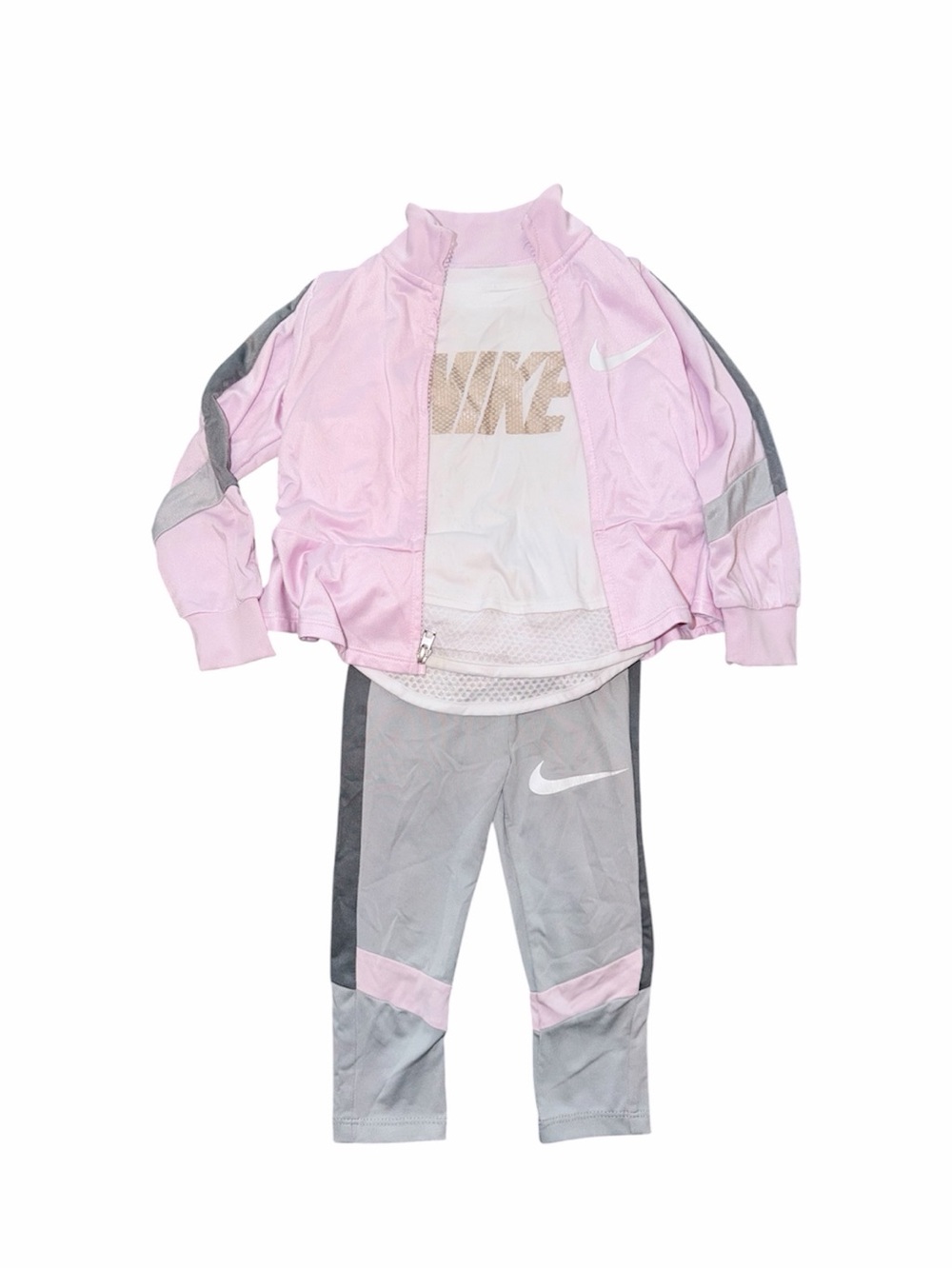 Nike Toddler Girls 3pc Set Pink Gray Track Jacket Tee Leggings Size 2